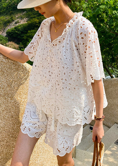 Up White Two Summer Lace Hollow Piece Set Out Loose Cotton