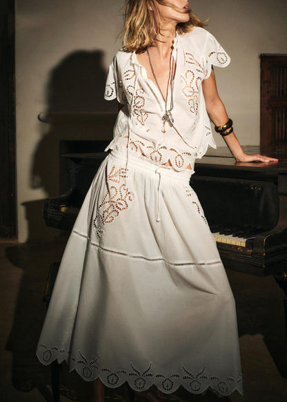 Pieces Skirts Cotton And White Out Hollow Set Loose Shirts Two