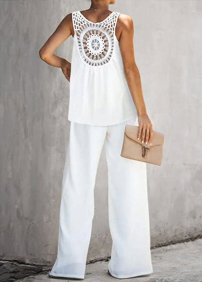 Loose Cotton White Out Two Solid Sleeveless Pieces Hollow Set