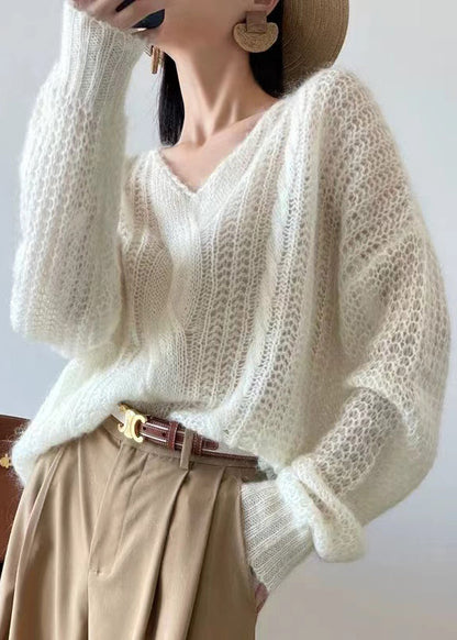 Loose White Hollow Out Solid Knit Sweater Winter WQ048