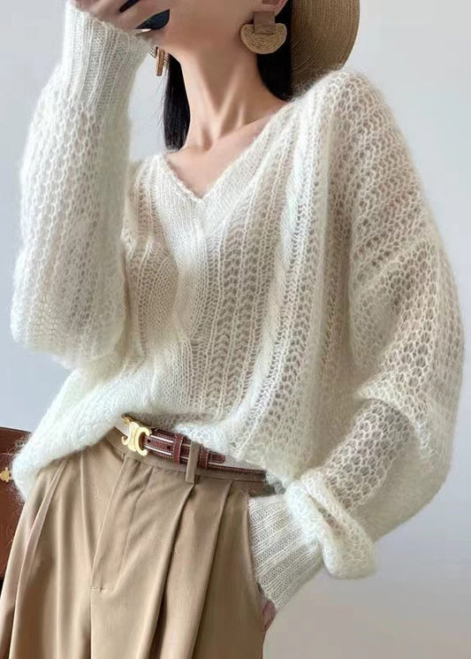 Pull en tricot uni ajouré blanc ample hiver WQ048