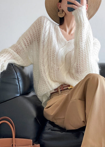 Loose White Hollow Out Solid Knit Sweater Winter WQ048