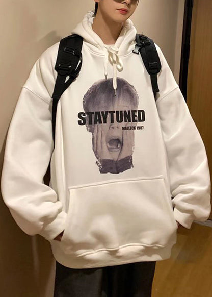 Loose White Hooded Print Pockets Cotton Men Sweatshirt Spring YQ020