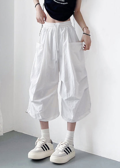 Solid Pockets Cotton Loose Lace White Up Crop Pants