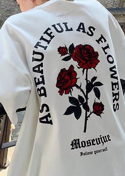 Mens Graphic Cotton Tees Half White Love Letter Loose Roses