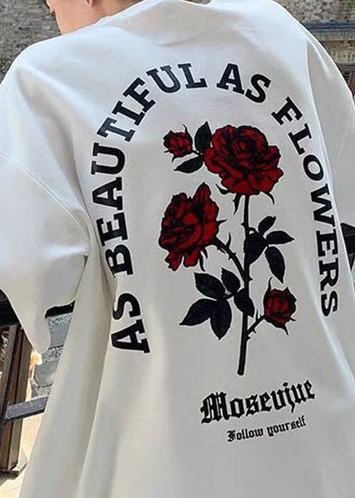 Mens Graphic Cotton Tees Half White Love Letter Loose Roses