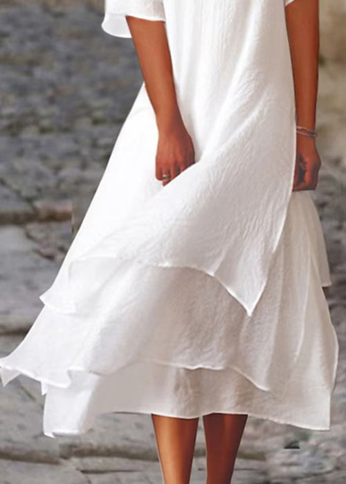 Robe ample en coton blanc à col rond et manches courtes FF069