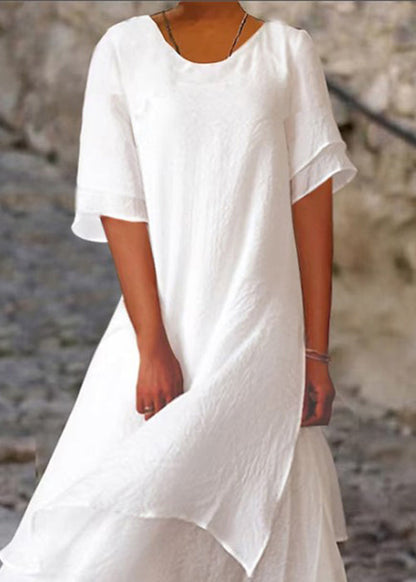 Robe ample en coton blanc à col rond et manches courtes FF069