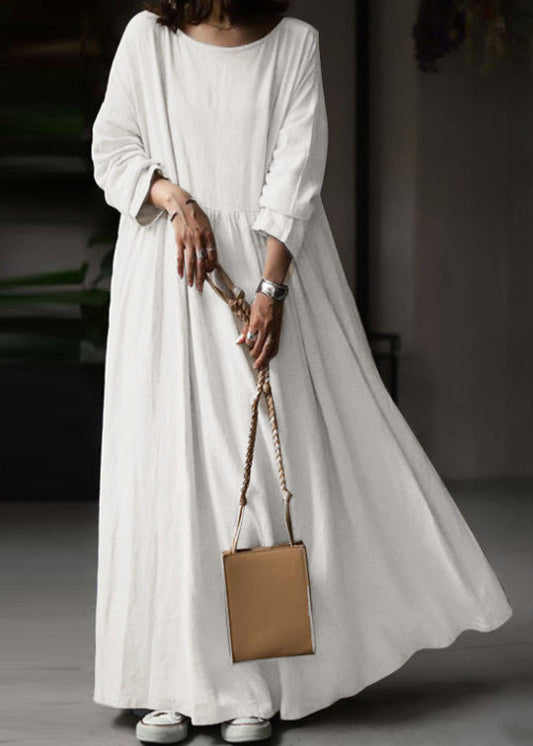 Loose White O Neck Solid Cotton Maxi Dress Long Sleeve FF053