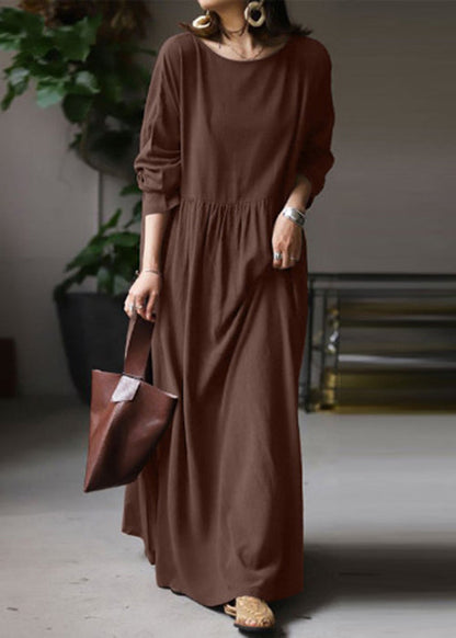 Loose White O Neck Solid Cotton Maxi Dress Long Sleeve FF053