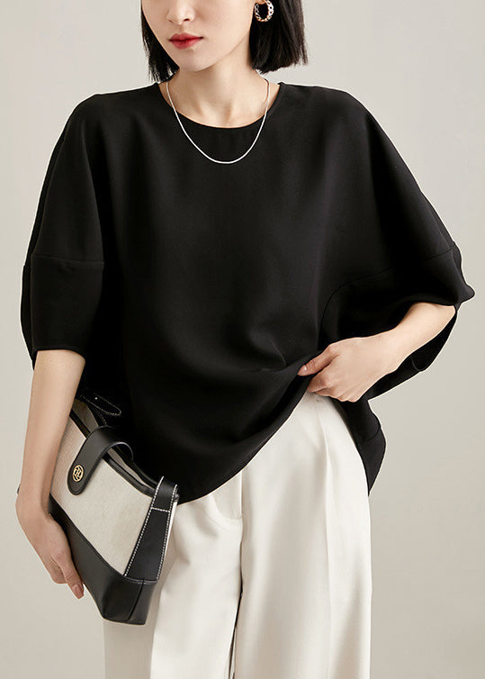 T Batwing Zippered White O Shirts Solid Silk Neck Loose Sleeve