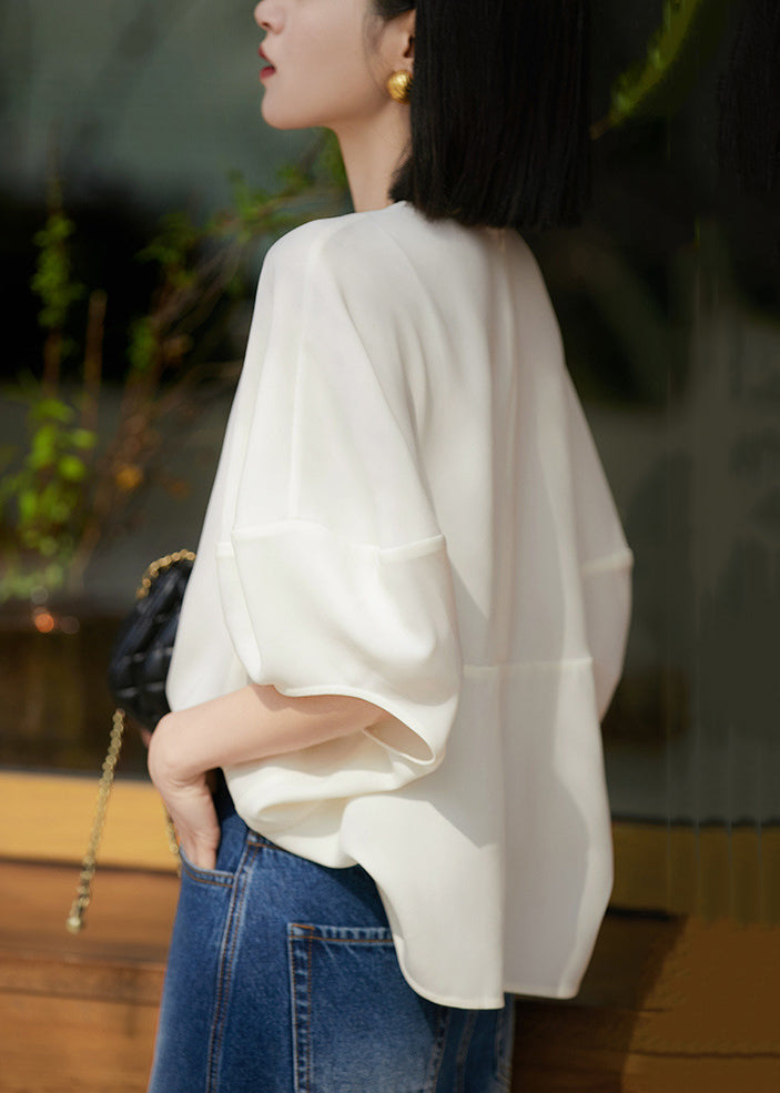 T Batwing Zippered White O Shirts Solid Silk Neck Loose Sleeve