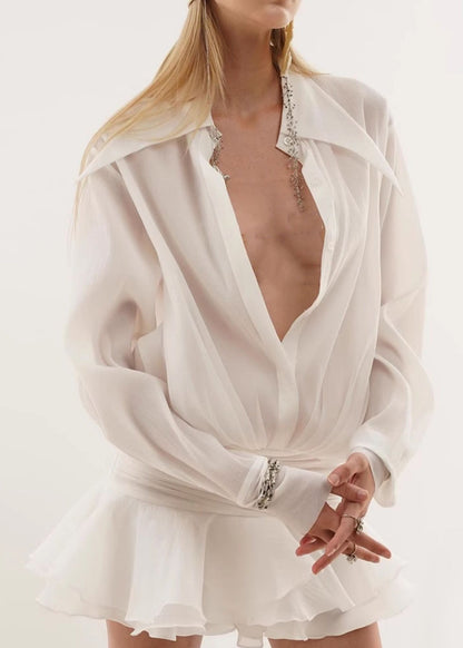 Loose Dress Peter Collar White Spring Pan Shirts Wrinkled Chiffon