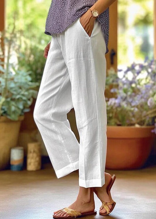 Loose White Pockets Solid High Waist Cotton Crop Pants Summer QE050