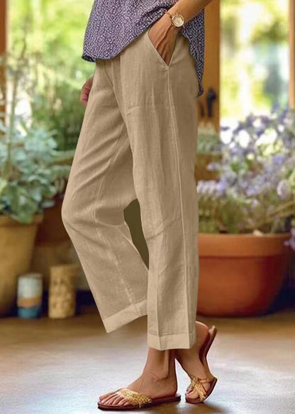 Pantalon court ample en coton à taille haute avec poches blanches et solides pour l'été QE050