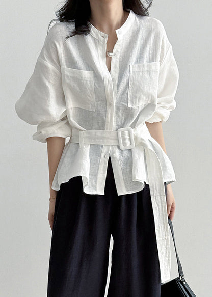 Loose Fall Linen Waist Tie White Pockets Shirt