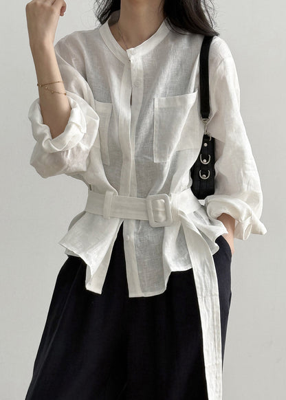 Loose Fall Linen Waist Tie White Pockets Shirt