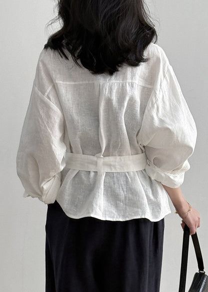 Loose Fall Linen Waist Tie White Pockets Shirt
