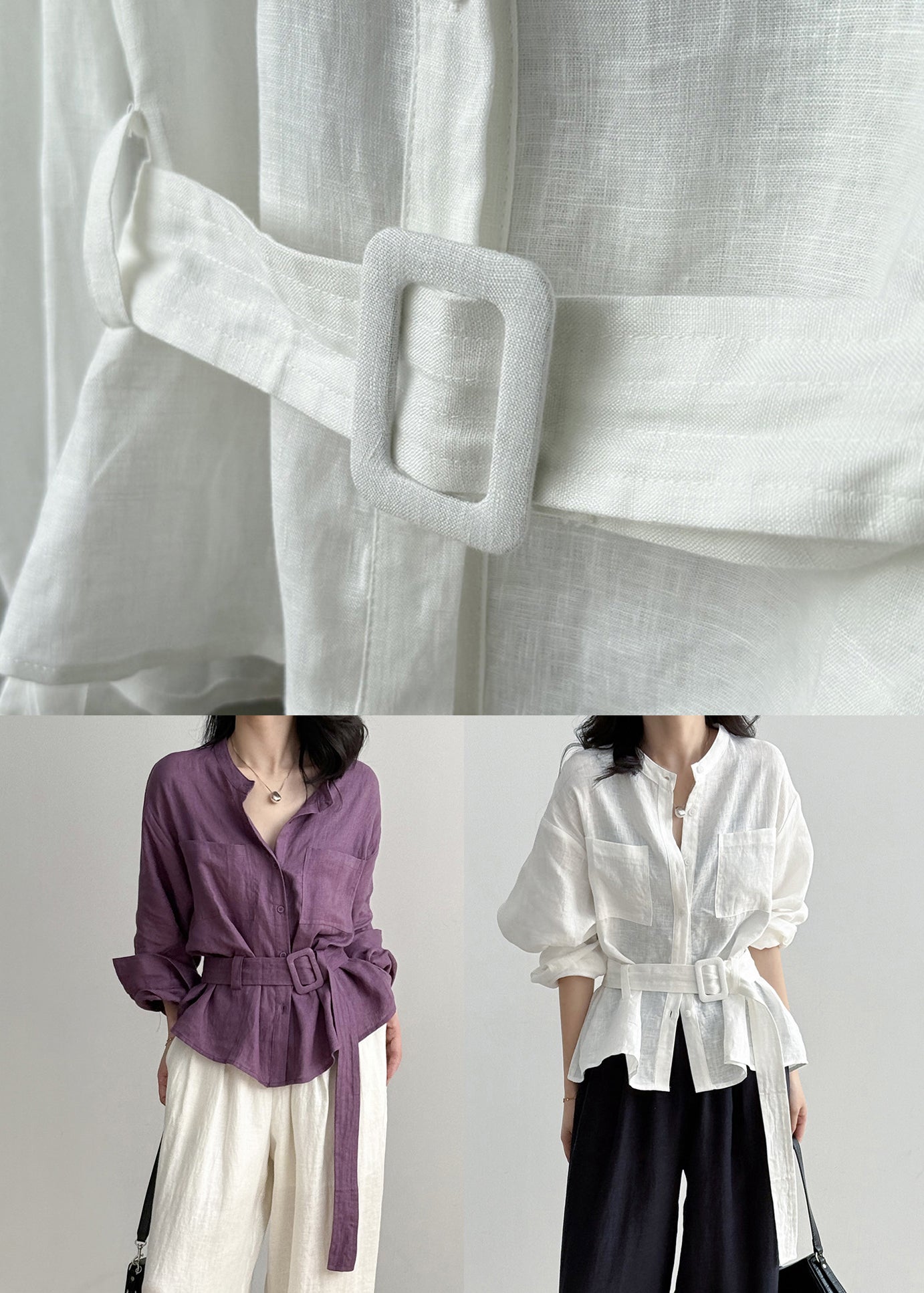 Loose Fall Linen Waist Tie White Pockets Shirt