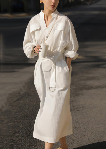White Dress Fall Open Tie Pockets Waist Cotton Side Blouses Loose