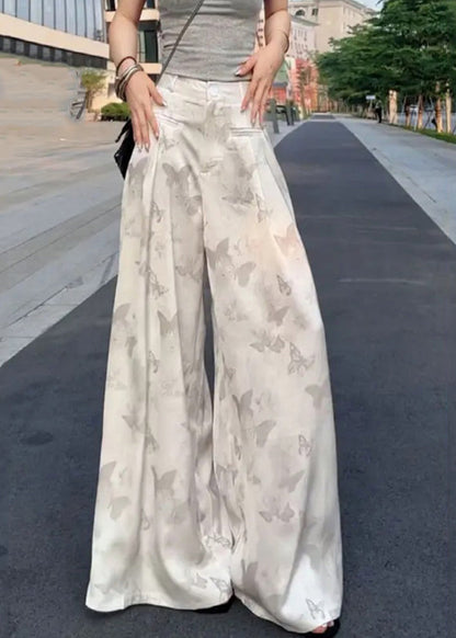 High Wide Pants Summer Silk Print White Loose Leg Waist Ice