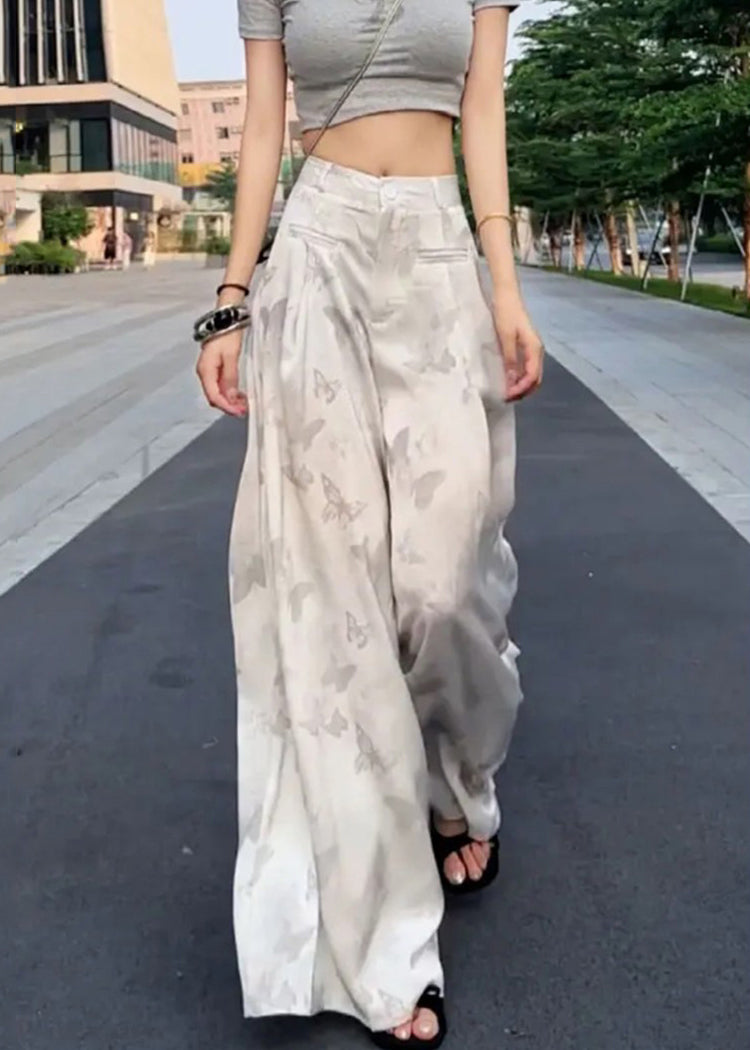 High Wide Pants Summer Silk Print White Loose Leg Waist Ice