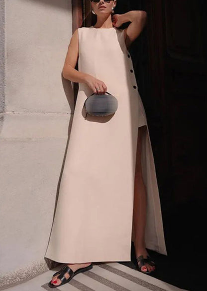 Long Dresses Loose Side Solid Open Sleeveless Cotton White