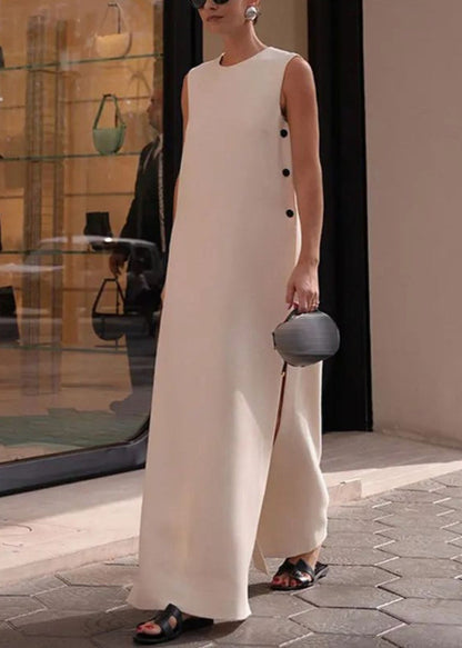 Long Dresses Loose Side Solid Open Sleeveless Cotton White
