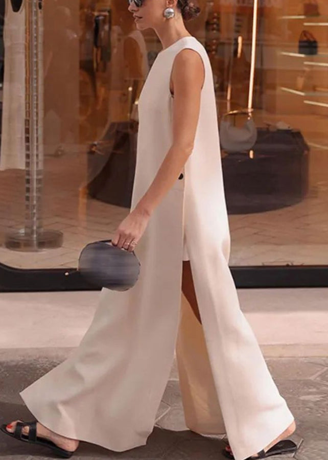 Long Dresses Loose Side Solid Open Sleeveless Cotton White
