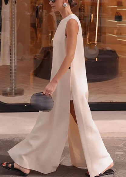 Long Dresses Loose Side Solid Open Sleeveless Cotton White