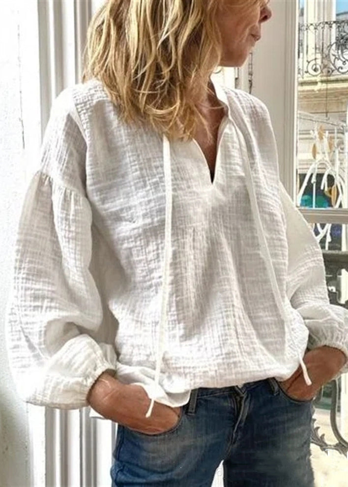 Loose White V Neck Lace Up Solid Linen Blouses Long Sleeve FF035