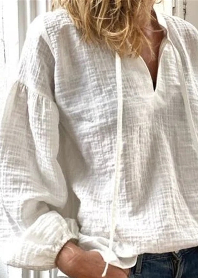 Loose White V Neck Lace Up Solid Linen Blouses Long Sleeve FF035