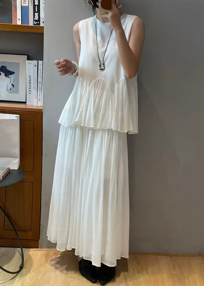 White Chiffon Set Two-Piece Loose Sleeveless Solid Wrinkled