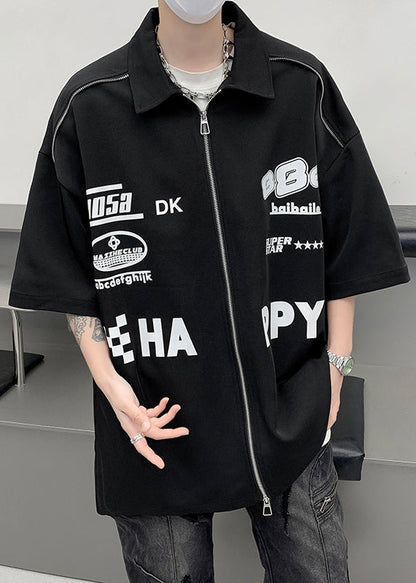 Shirt White Sleeve Up Mens Loose Letter Zip Half Cotton