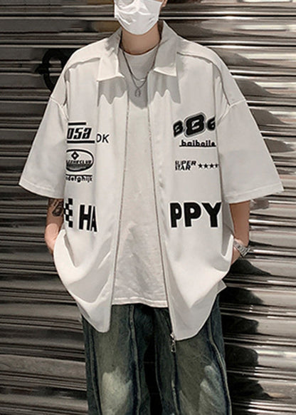 Shirt White Sleeve Up Mens Loose Letter Zip Half Cotton