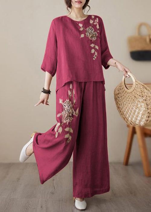 Loose Embroidered Two Wine Linen Set Elastic Waist Red Piece