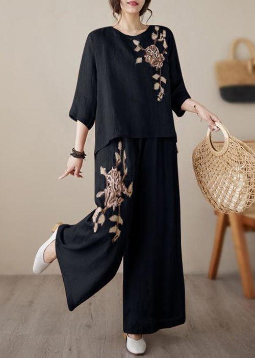 Loose Embroidered Two Wine Linen Set Elastic Waist Red Piece