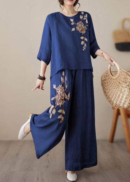 Loose Embroidered Two Wine Linen Set Elastic Waist Red Piece