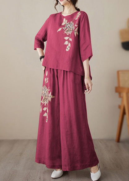 Loose Embroidered Two Wine Linen Set Elastic Waist Red Piece