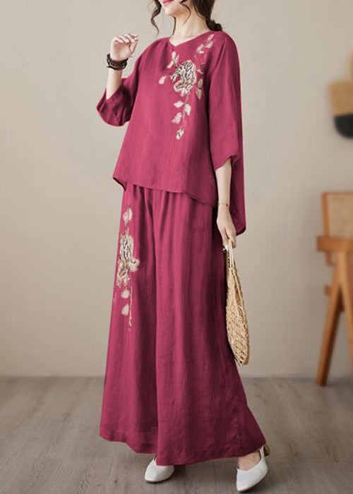 Loose Embroidered Two Wine Linen Set Elastic Waist Red Piece