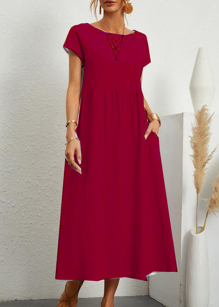 Robe longue ample en coton rouge vin avec poches à col rond et imprimé uni pour l'été QE030