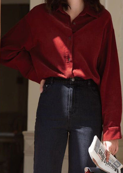 Loose Wine Red Peter Pan Collar Button Corduroy Top Long Sleeve TU024