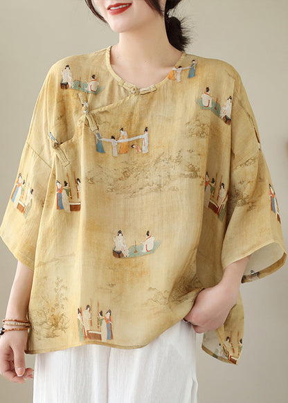 Loose Yellow O Neck Button Print Linen Shirts Batwing Sleeve JH014