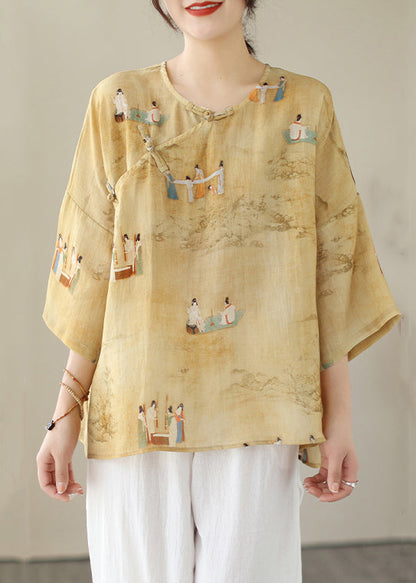 Loose Yellow O Neck Button Print Linen Shirts Batwing Sleeve JH014