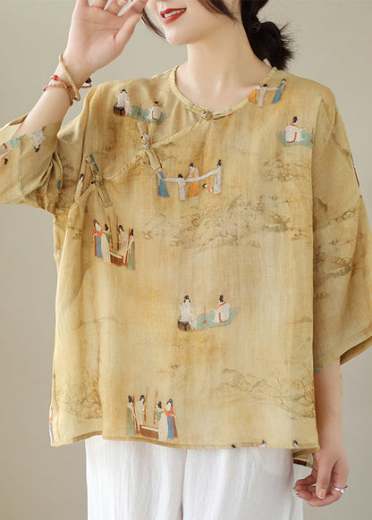 Loose Yellow O Neck Button Print Linen Shirts Batwing Sleeve JH014