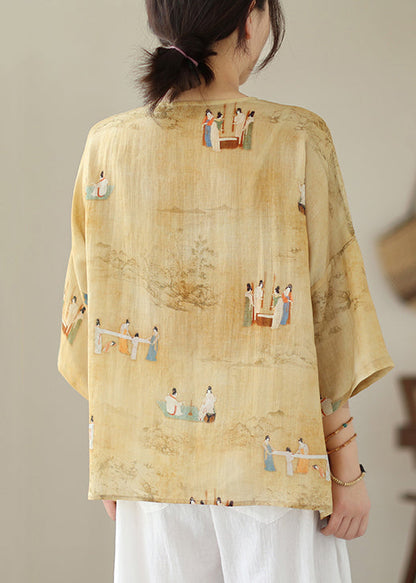 Loose Yellow O Neck Button Print Linen Shirts Batwing Sleeve JH014