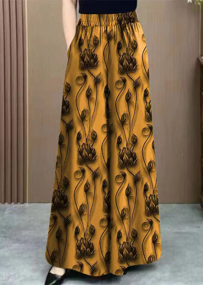 Spring Yellow Silk Ice Waist Pants Elastic Loose Print