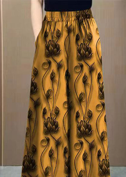 Spring Yellow Silk Ice Waist Pants Elastic Loose Print