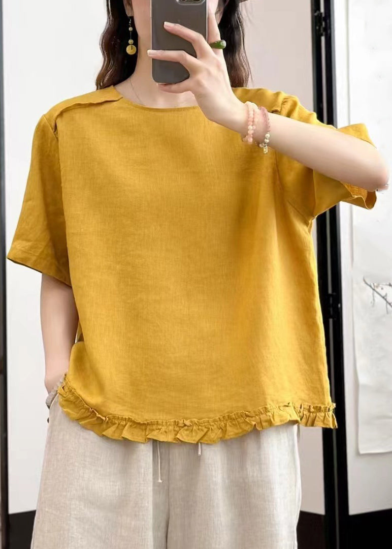 Blouses Linen Button Ruffled Yellow Summer Loose