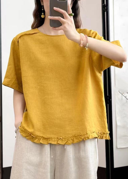 Blouses Linen Button Ruffled Yellow Summer Loose